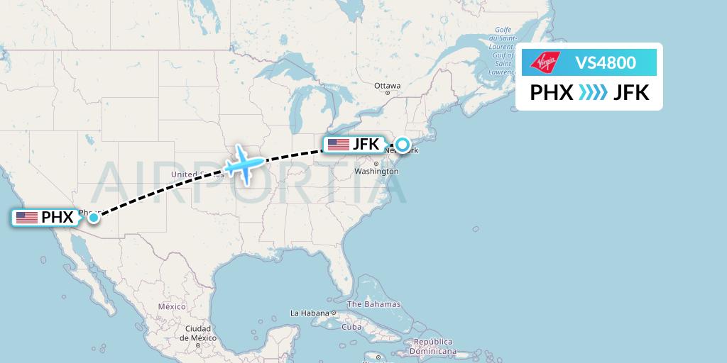 VS4800 Virgin Atlantic Airways Flight Map: Phoenix to New York