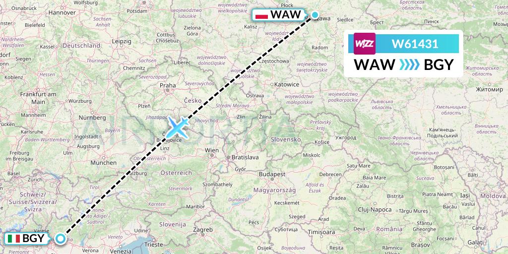W61431 Wizz Air Flight Map: Warsaw to Milan
