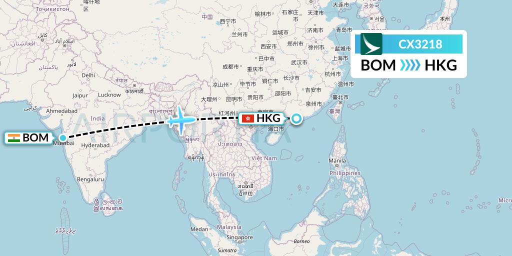 CX3218 Cathay Pacific Flight Map: Mumbai to Hong Kong
