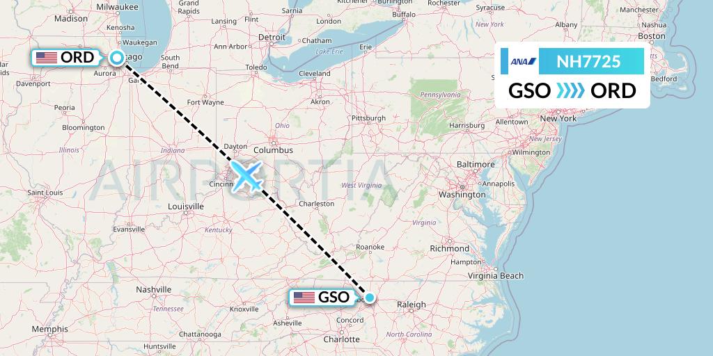 NH7725 All Nippon Airways Flight Map: Greensboro to Chicago