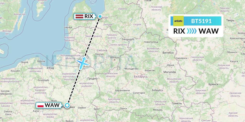 BT5191 Air Baltic Flight Map: Riga to Warsaw