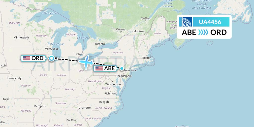 UA4456 United Airlines Flight Map: Allentown to Chicago