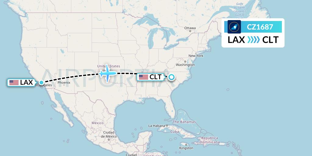 CZ1687 China Southern Airlines Flight Map: Los Angeles to Charlotte