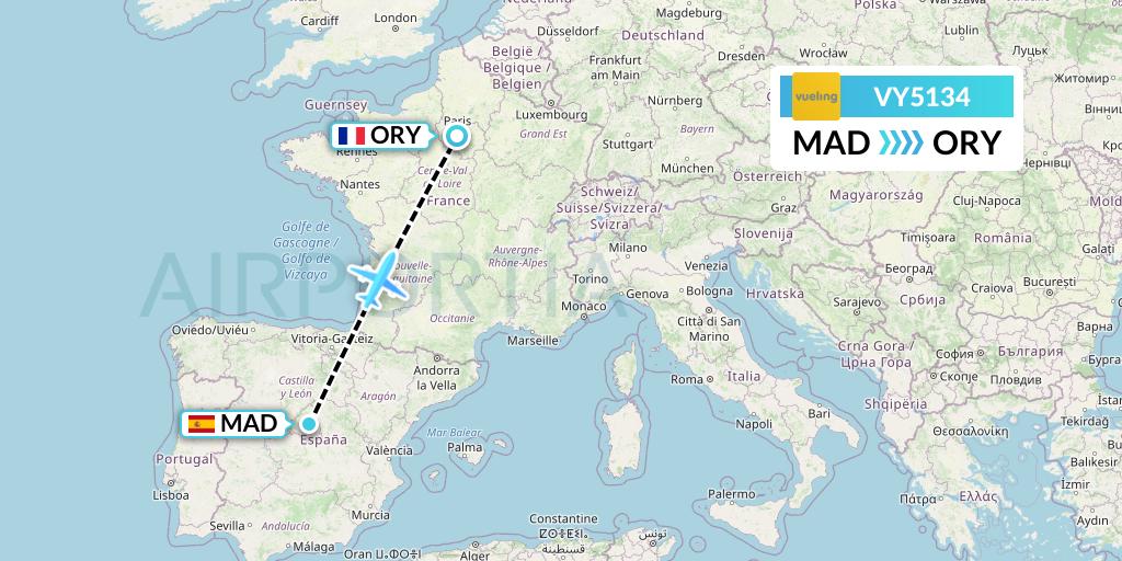 VY5134 Vueling Flight Map: Madrid to Paris