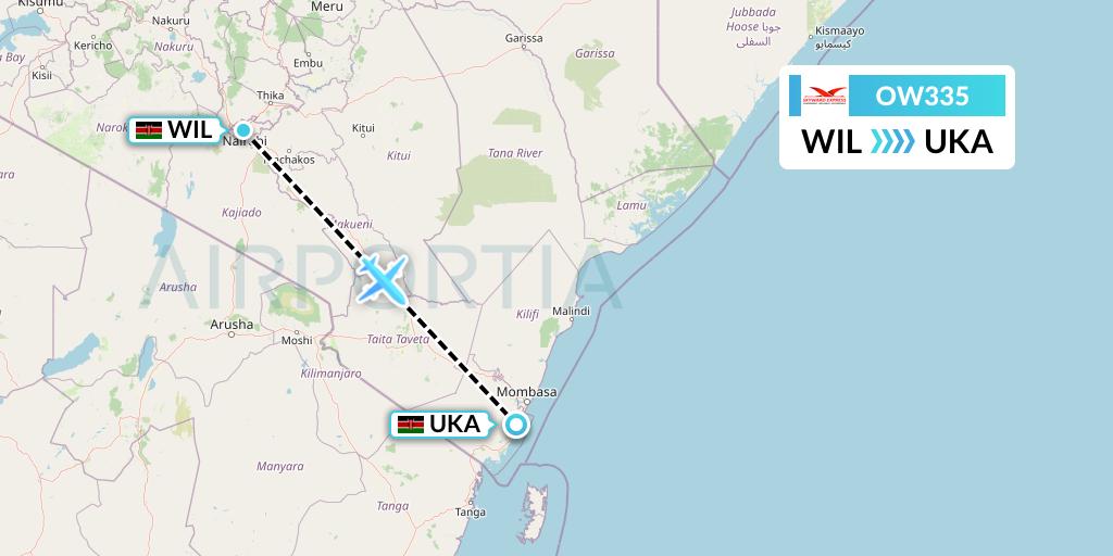 OW335 Skyward Express Flight Map: Nairobi to Ukunda
