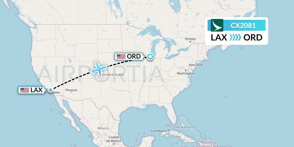 CX2081 Cathay Pacific Flight Map: Los Angeles to Chicago