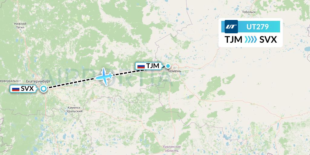 UT279 UTair Flight Map: Tyumen to Yekaterinburg