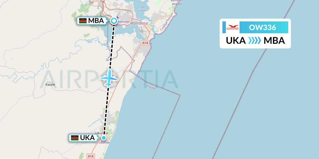 OW336 Skyward Express Flight Map: Ukunda to Mombasa