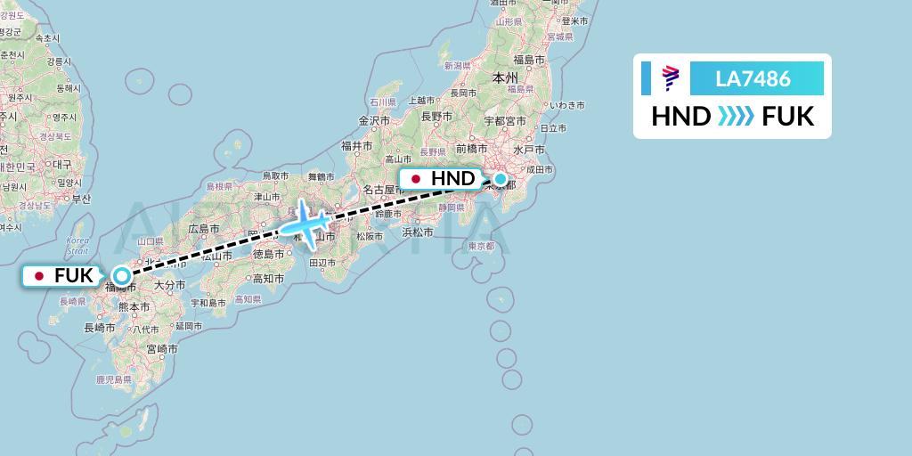 LA7486 LAN Airlines Flight Map: Tokyo to Fukuoka
