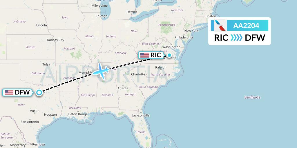 AA2204 American Airlines Flight Map: Richmond to Dallas