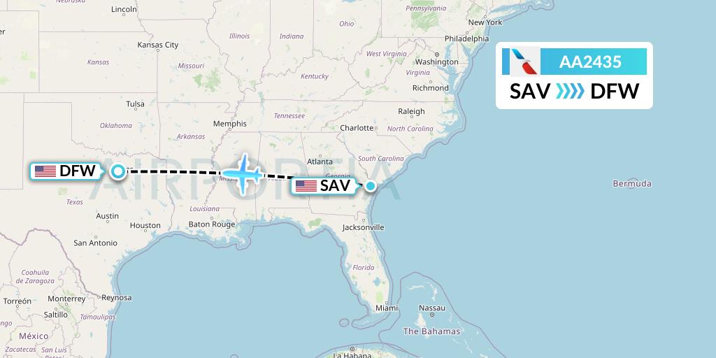 AA2435 American Airlines Flight Map: Savannah to Dallas