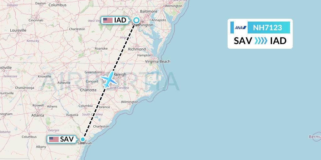 NH7123 All Nippon Airways Flight Map: Savannah to Washington