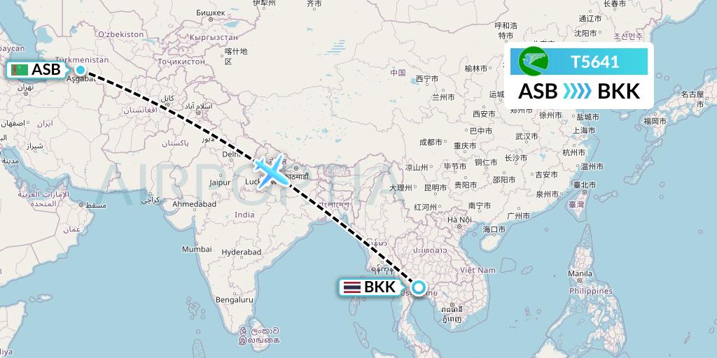 T5641 Turkmenistan Airlines Flight Map: Ashgabat to Bangkok