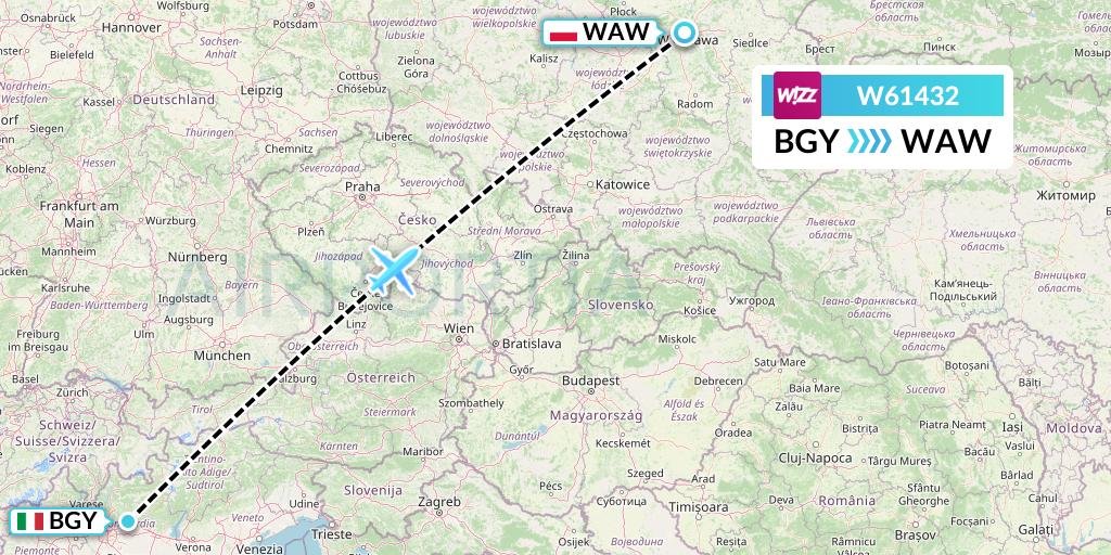 W61432 Wizz Air Flight Map: Milan to Warsaw