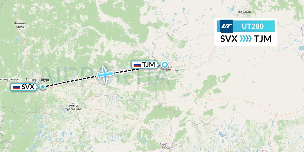 UT280 UTair Flight Map: Yekaterinburg to Tyumen