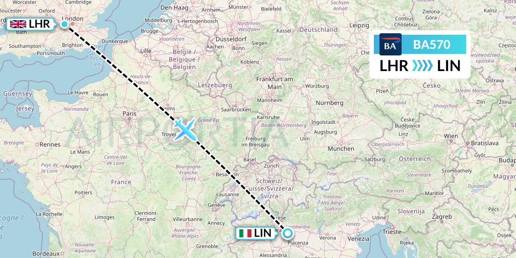 BA570 British Airways Flight Map: London to Milan