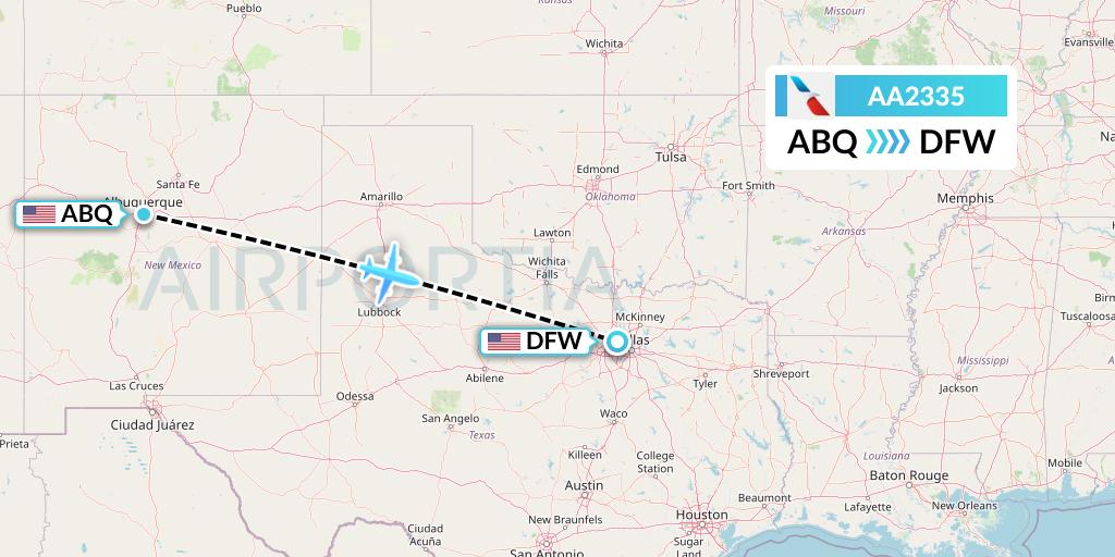 AA2335 American Airlines Flight Map: Albuquerque to Dallas