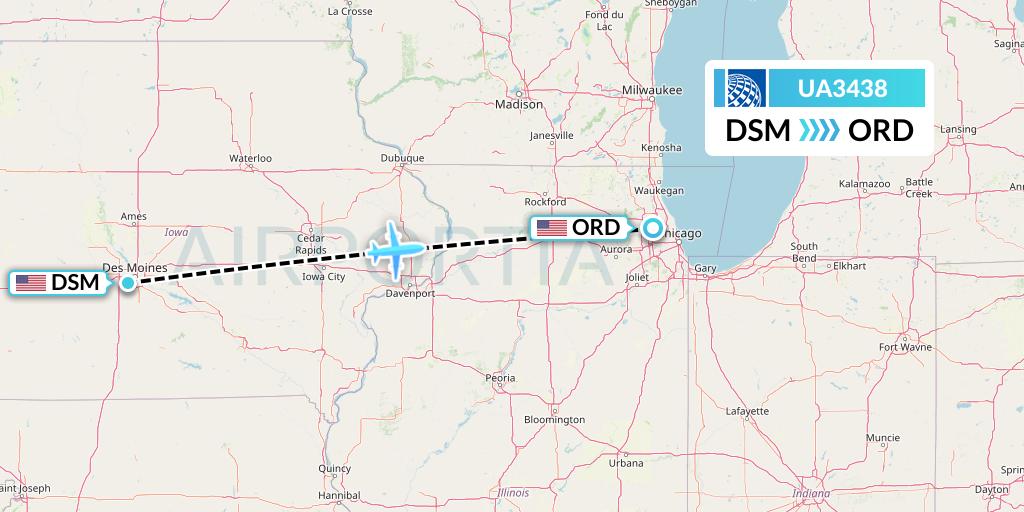 UA3438 United Airlines Flight Map: Des Moines to Chicago