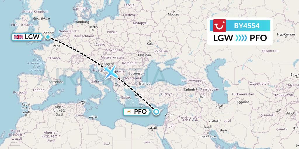 BY4554 TUI Airways Flight Map: London to Pafos
