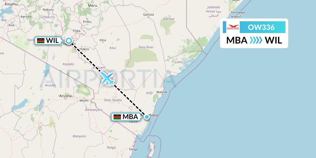 OW336 Skyward Express Flight Map: Mombasa to Nairobi