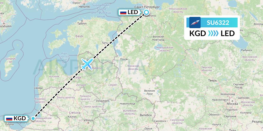 SU6322 Aeroflot Flight Map: Kaliningrad to St. Petersburg