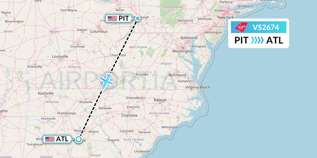 VS2674 Virgin Atlantic Airways Flight Map: Pittsburgh to Atlanta