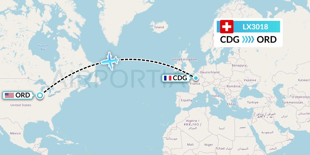 LX3018 Swiss Flight Map: Paris to Chicago