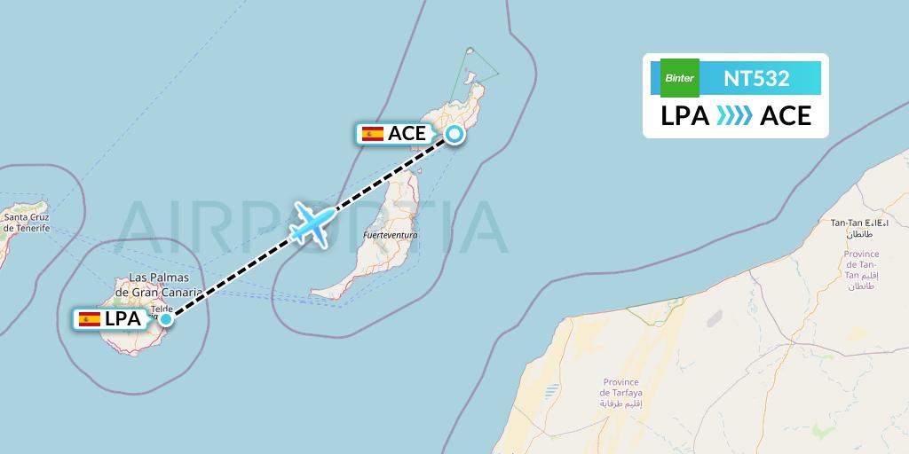NT532 Binter Canarias Flight Map: Las Palmas to Lanzarote