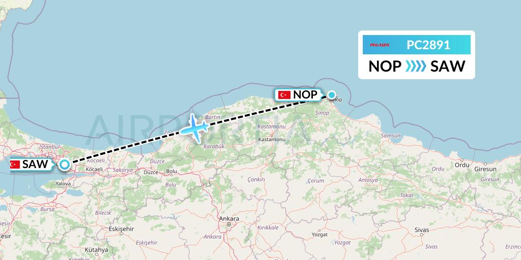 PC2891 Pegasus Airlines Flight Map: Sinop to Istanbul