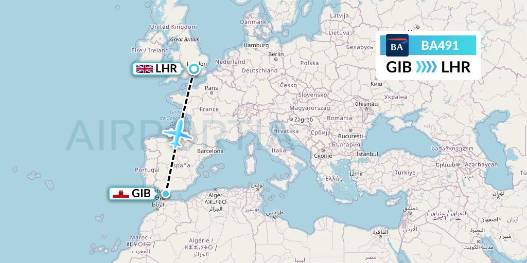 BA491 British Airways Flight Map: Gibraltar to London