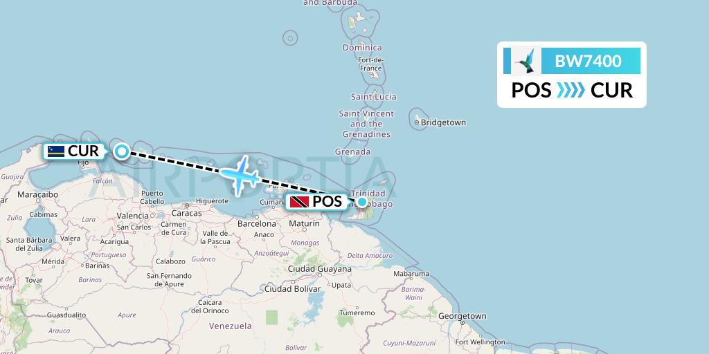 BW7400 Caribbean Airlines Flight Map: Port of Spain to Willemstad