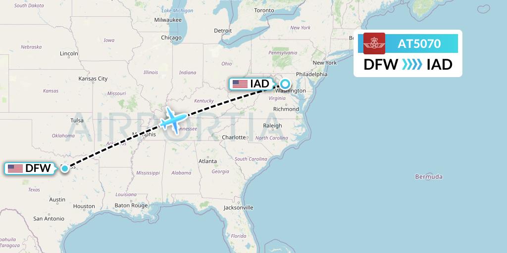 AT5070 Royal Air Maroc Flight Map: Dallas to Washington