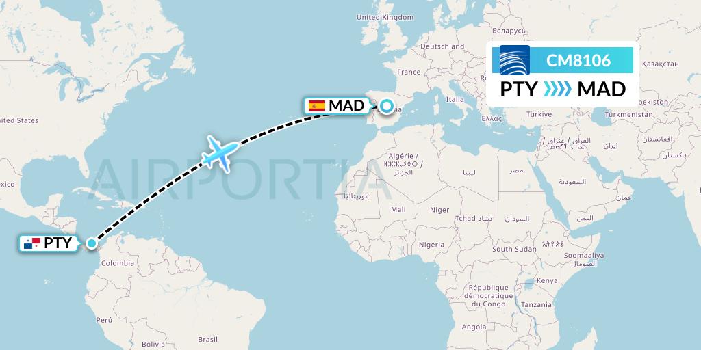 CM8106 Copa Airlines Flight Map: Panama City to Madrid