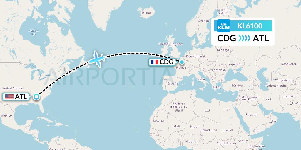 KL6100 KLM Flight Map: Paris to Atlanta