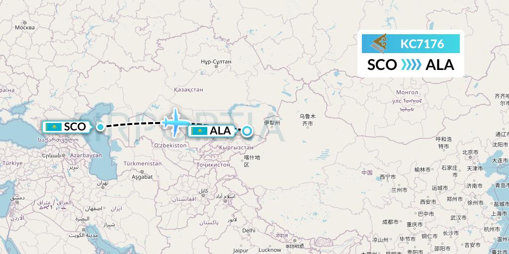KC7176 Air Astana Flight Map: Aktau to Almaty