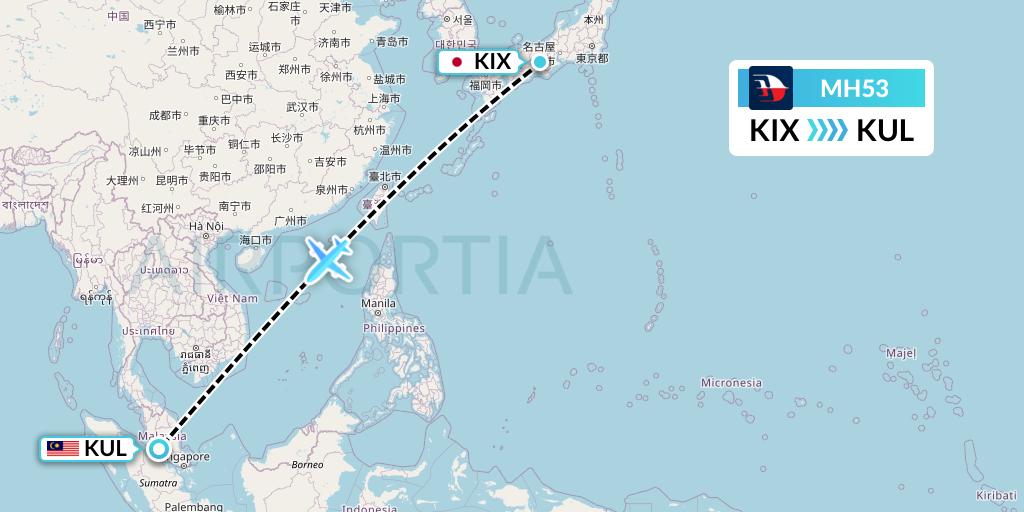 MH53 Malaysia Airlines Flight Map: Osaka to Kuala Lumpur