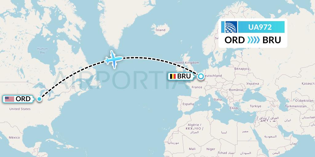 UA972 United Airlines Flight Map: Chicago to Brussels