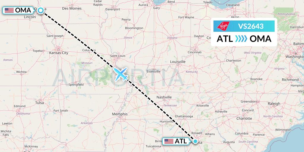 VS2643 Virgin Atlantic Airways Flight Map: Atlanta to Omaha