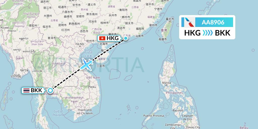 AA8906 American Airlines Flight Map: Hong Kong to Bangkok