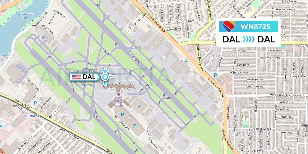 WN8725 Southwest Airlines Flight Map: Dallas to Dallas