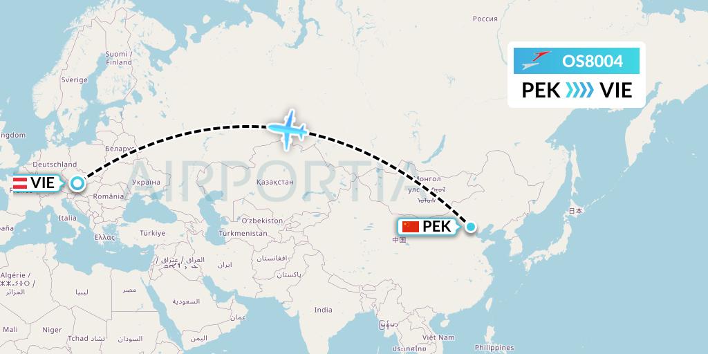 OS8004 Austrian Airlines Flight Map: Beijing to Vienna