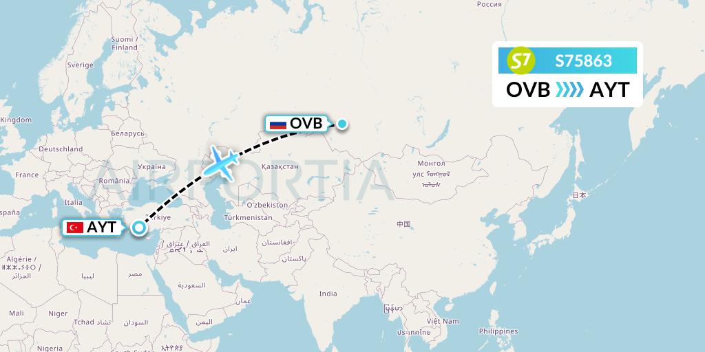 S75863 S7 Airlines Flight Map: Novosibirsk to Antalya