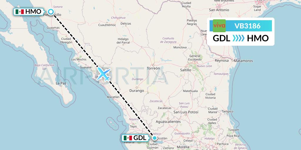 VB3186 VivaAerobus Flight Map: Guadalajara to Hermosillo