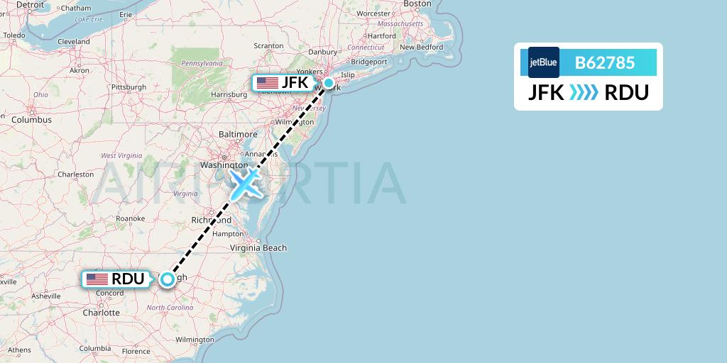 B62785 JetBlue Airways Flight Map: New York to Raleigh-Durham
