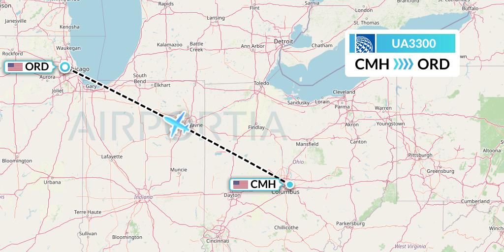 UA3300 United Airlines Flight Map: Columbus to Chicago