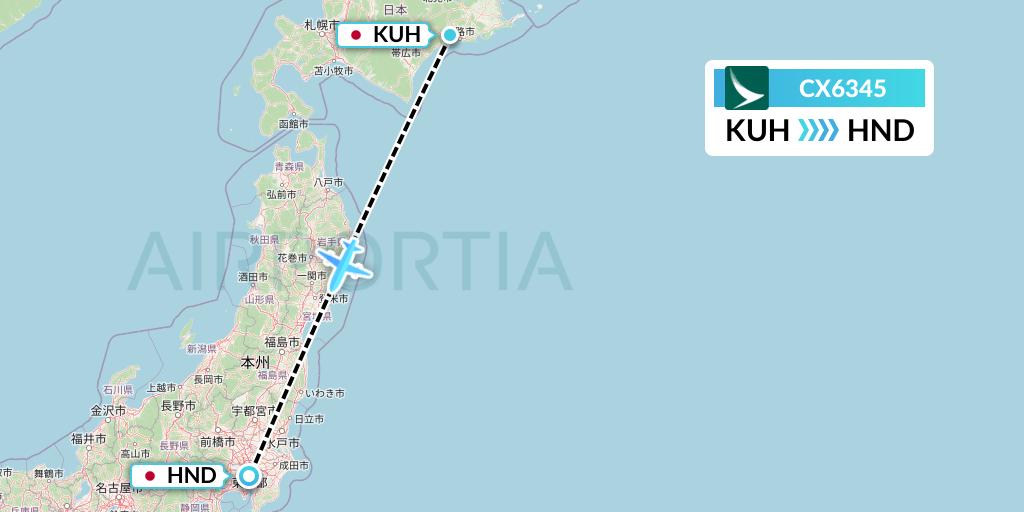 CX6345 Cathay Pacific Flight Map: Kushiro to Tokyo