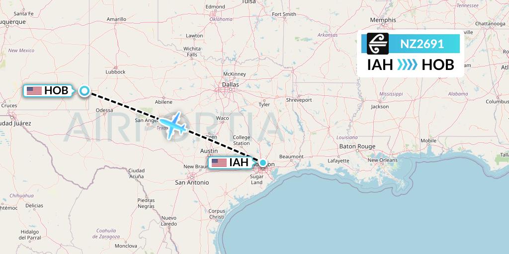 NZ2691 Air New Zealand Flight Map: Houston to Hobbs