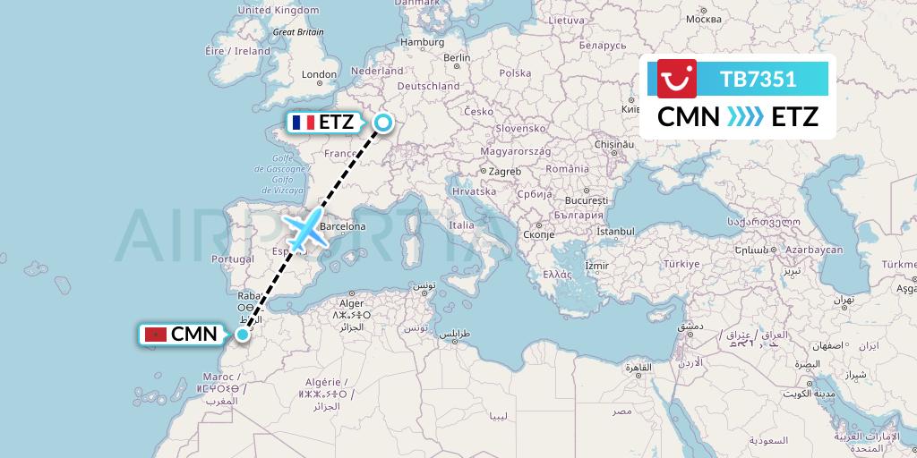 TB7351 TUI fly Belgium Flight Map: Casablanca to Metz-Nancy