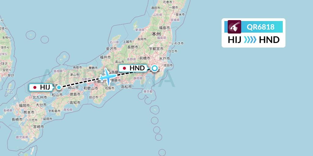 QR6818 Qatar Airways Flight Map: Hiroshima to Tokyo