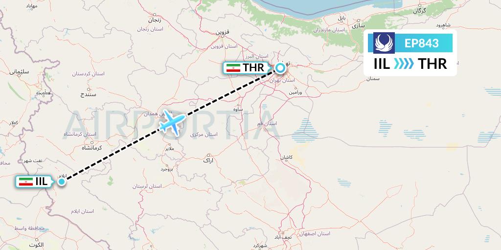 EP843 Iran Aseman Airlines Flight Map: Ilam to Tehran
